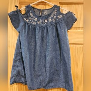 Girls Denim 14/16 Embroidered Shirt Cutout Cold Shoulders XL Flowers Summer